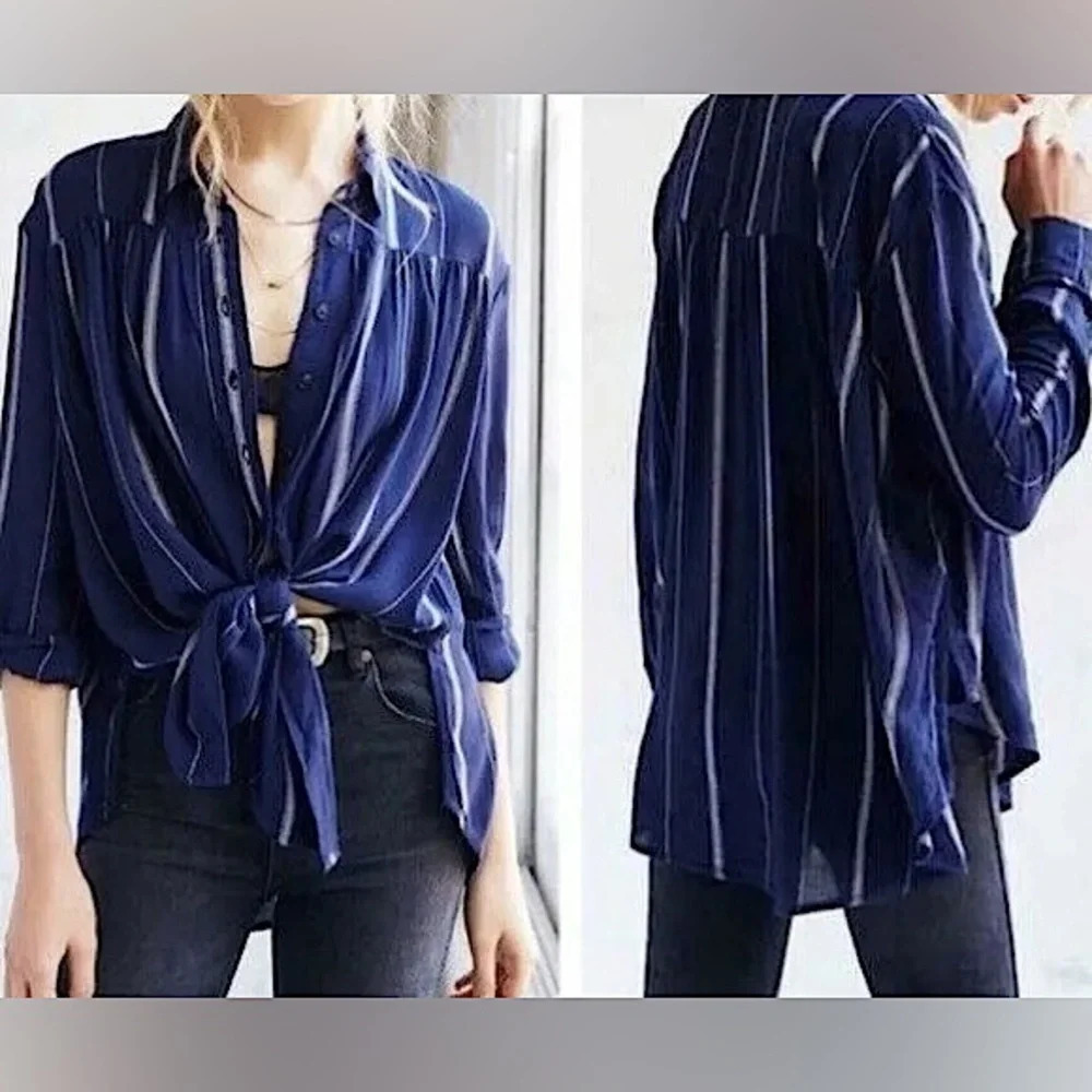BDG Melanie Tie Front Striped Button Up Blouse Navy Rayon Womens XS